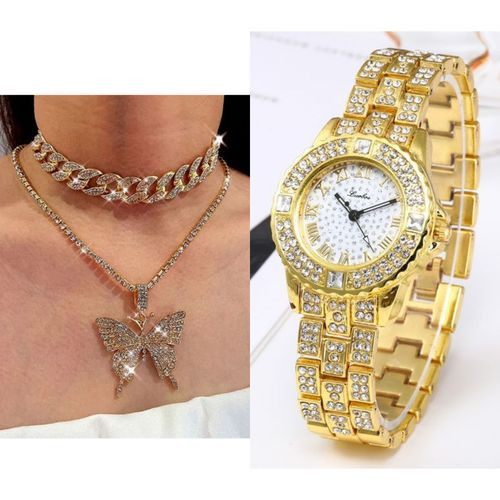 Magnificent Women Cuban Necklace With Wrist Watch- Gold